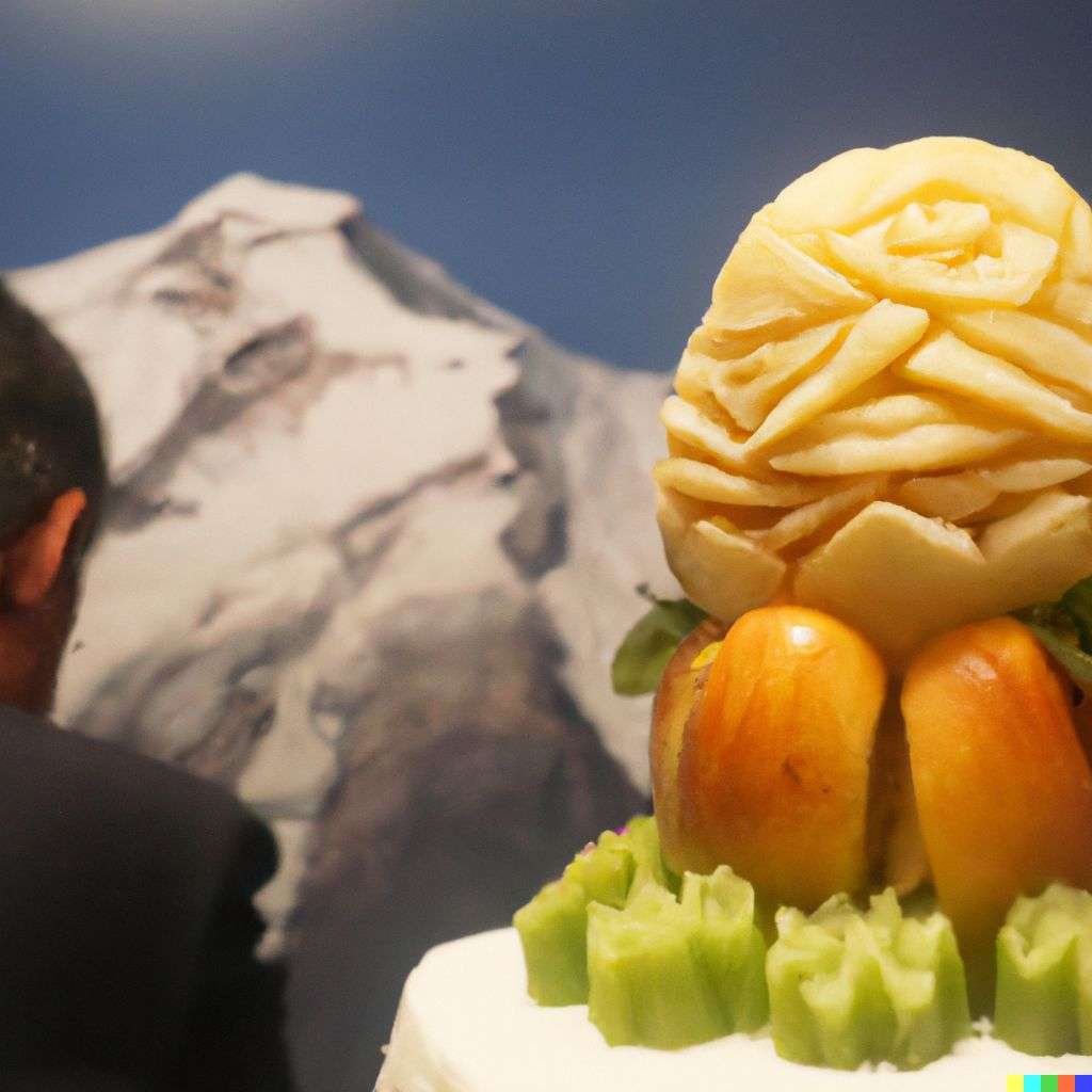 someone gazing at Mount Everest, fruit carving